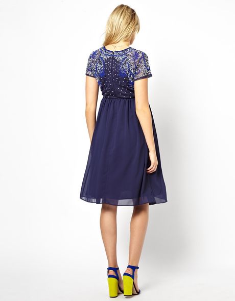 Asos Maternity Exclusive Embellished Midi Dress In Blue Navy Lyst 