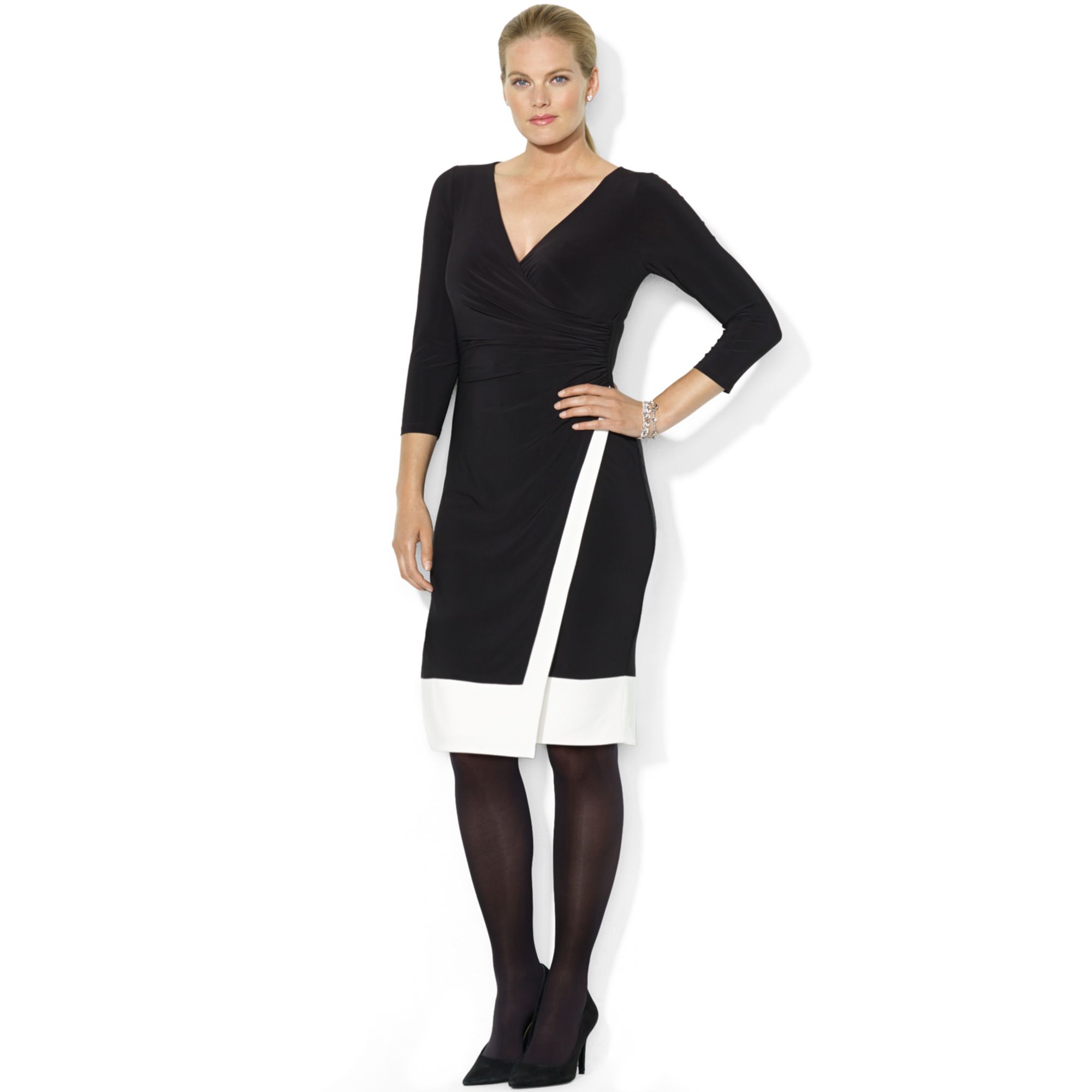 Lauren By Ralph Lauren Plus Size Colorblocked Faux wrap Dress in Black