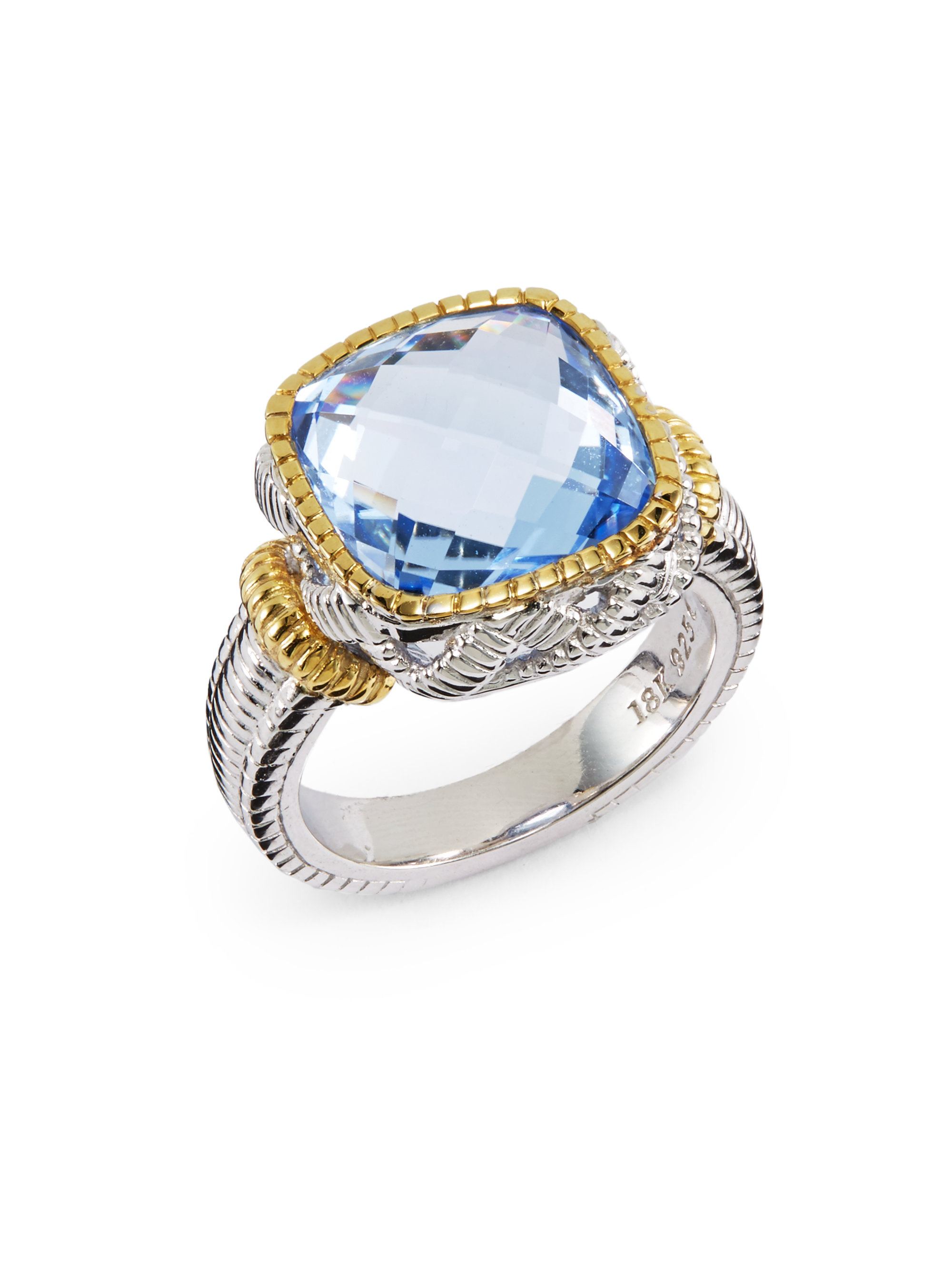 Judith Ripka Square Stone Sterling Silver 18k Yellow Gold Ring in Blue