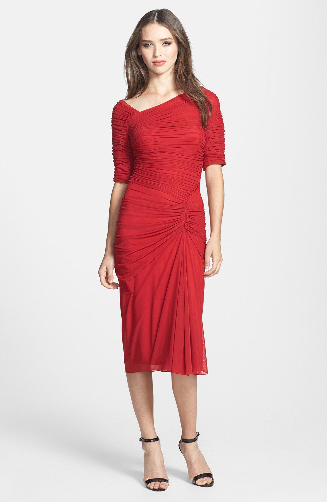Tadashi Shoji Asymmetrical Ruched Mesh Dress in Red (Carmine) | Lyst