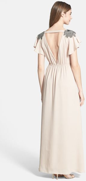 Jarlo Embellished Flutter Sleeve Maxi Dress in Beige (Champagne)