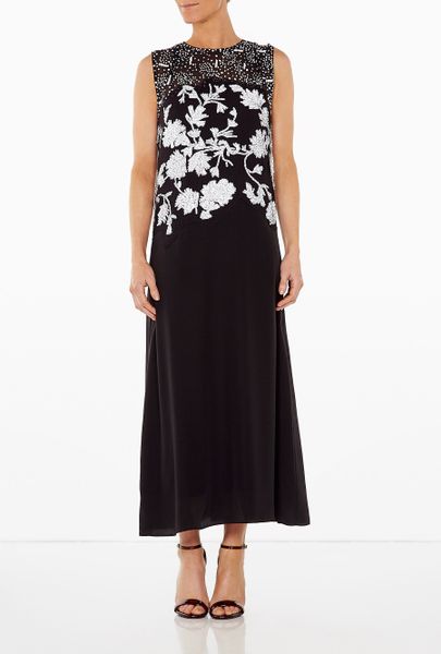 ... Lim Fitted Floral Sequin Tea Length Silk Dress in Black (floral