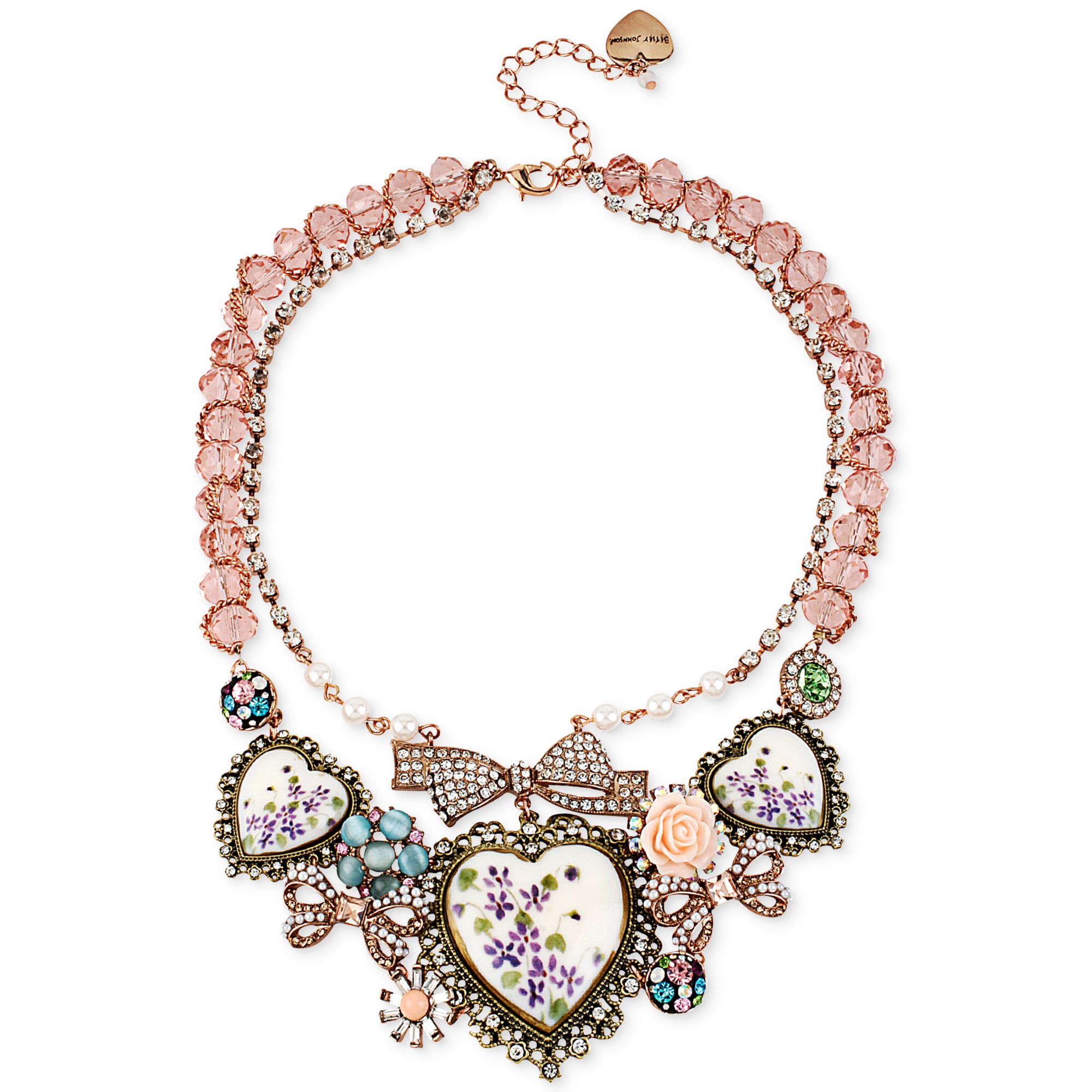 Betsey Johnson Faux Pearl and Heart Frontal Necklace in