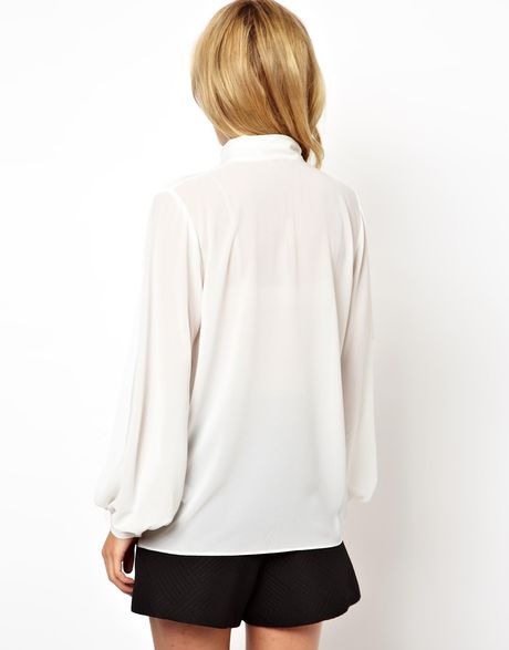 Asos Blouse with High Neck and Cut Out Detail in Beige (Cream) | Lyst