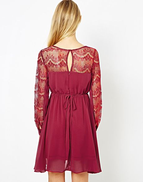 Little Mistress Wrap Dress with Lace Detail in Purple (Berry)