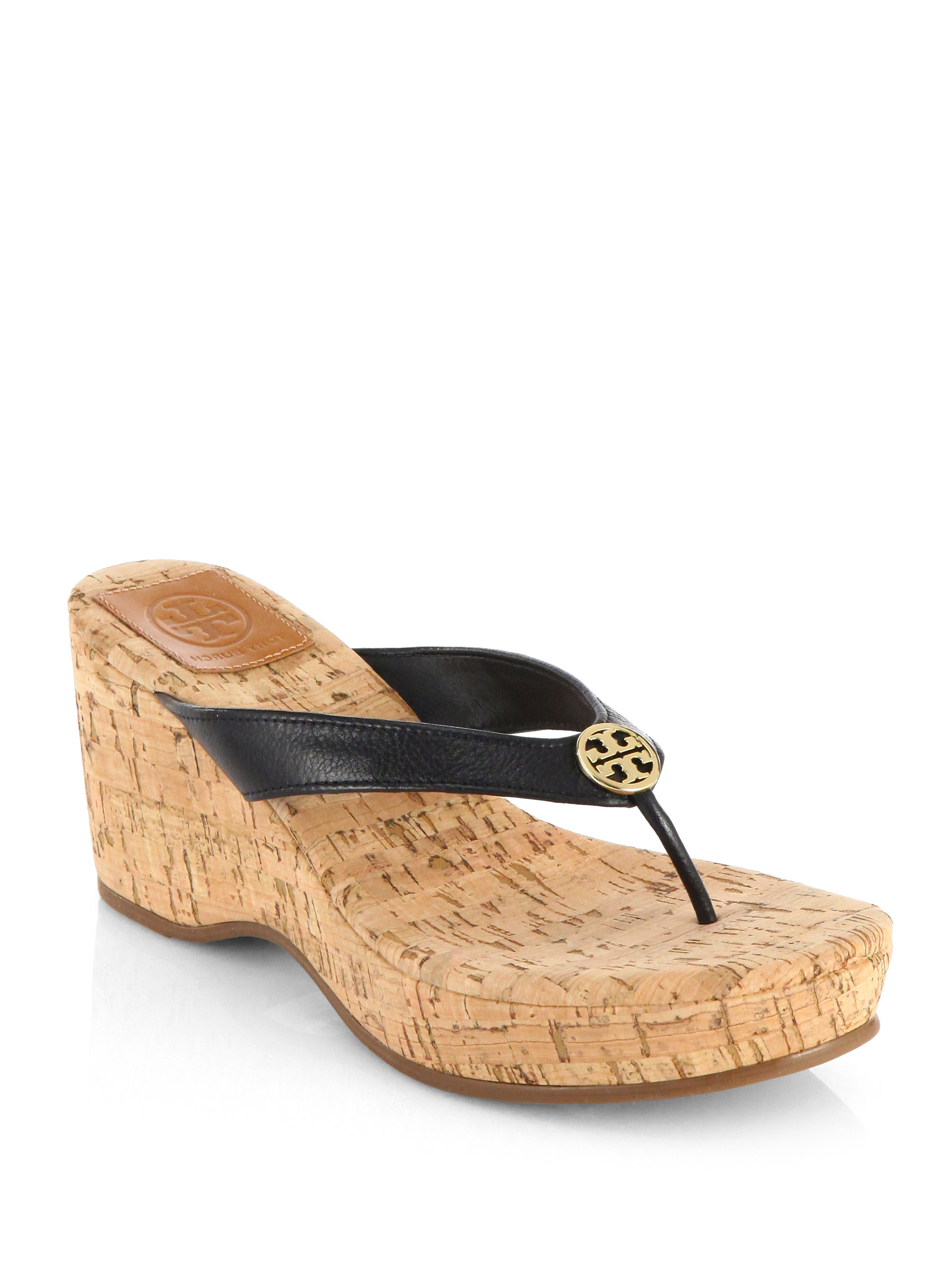 Tory Burch Suzy Leather Cork Wedge Sandals In Black Lyst