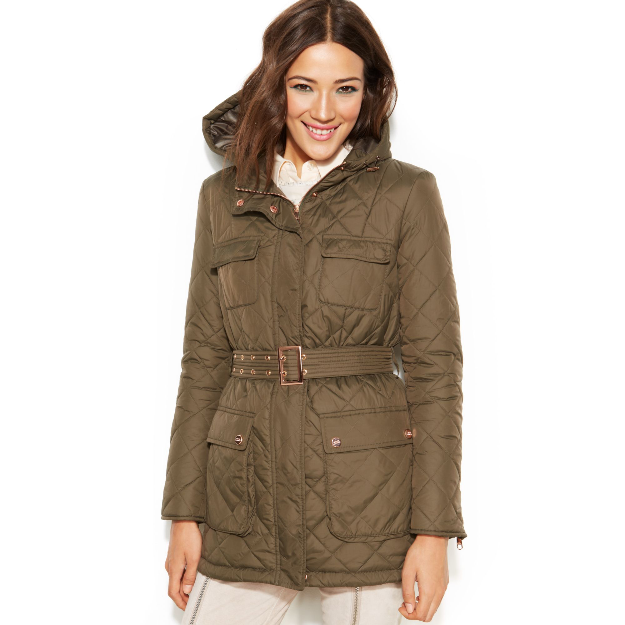 Steve Madden Hooded Belted Quilted Puffer Coat in Brown (Olive) | Lyst
