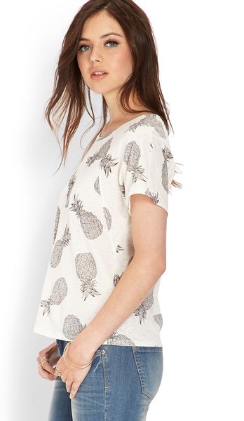 Love 21 Linen-Blend Pineapple Print Tee in White (Creamblack) | Lyst