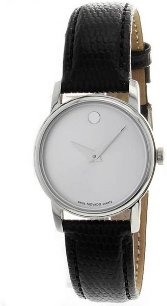 Movado Womens Silver Tone Dial Black Leather Mov Watch in Silver