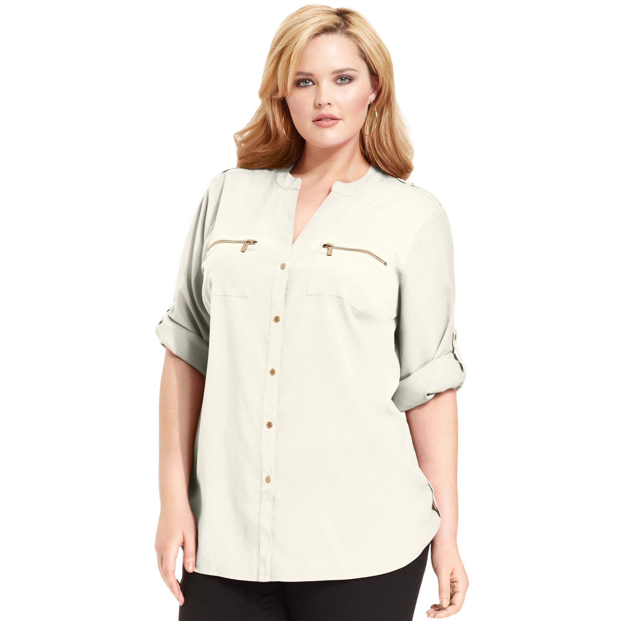 Calvin Klein Plus Size Roll-Tab-Sleeve Utility Shirt in Beige (Birch