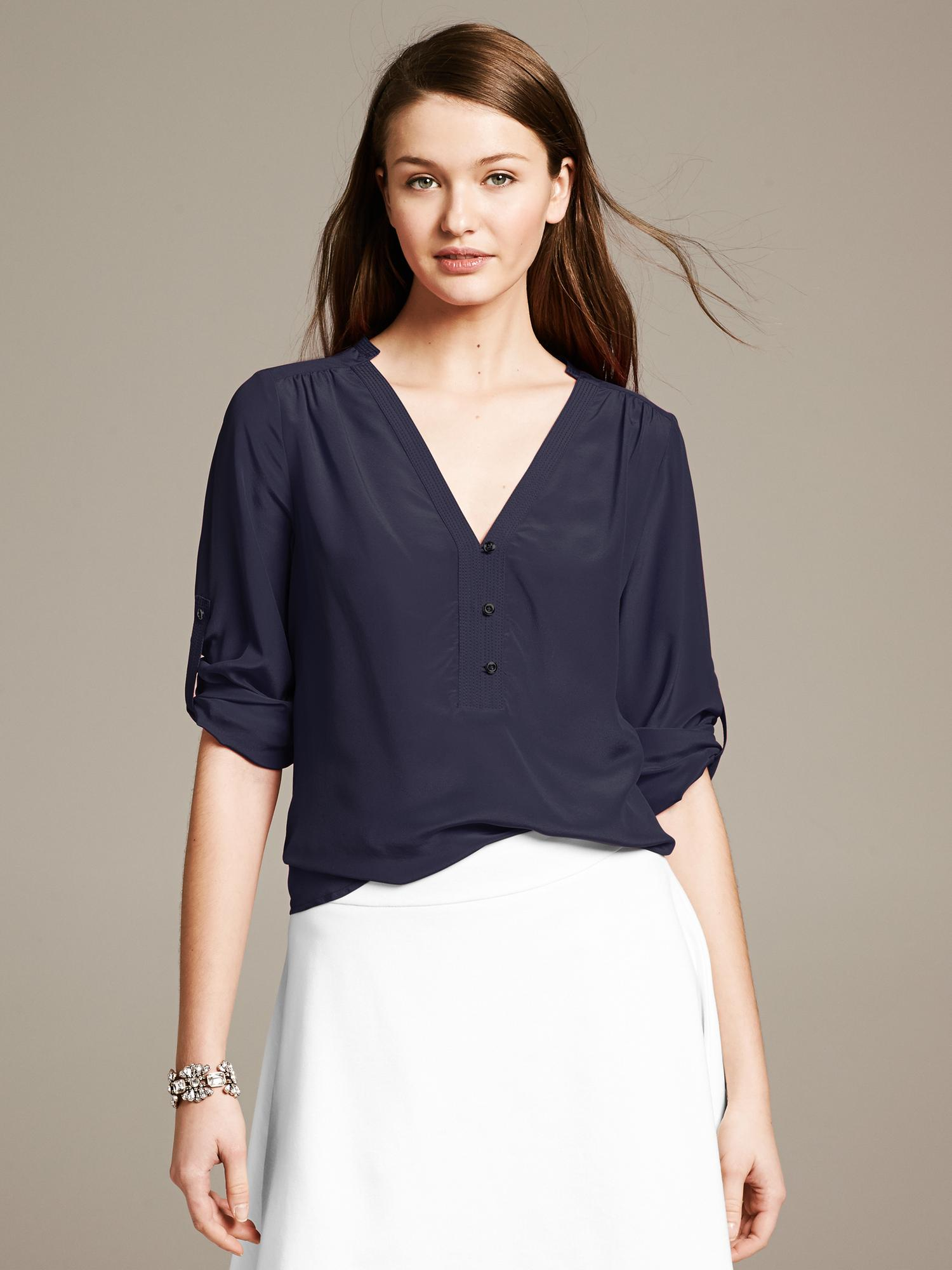 Banana Republic Silk RollSleeve Riviera Blouse in Blue (Classic navy