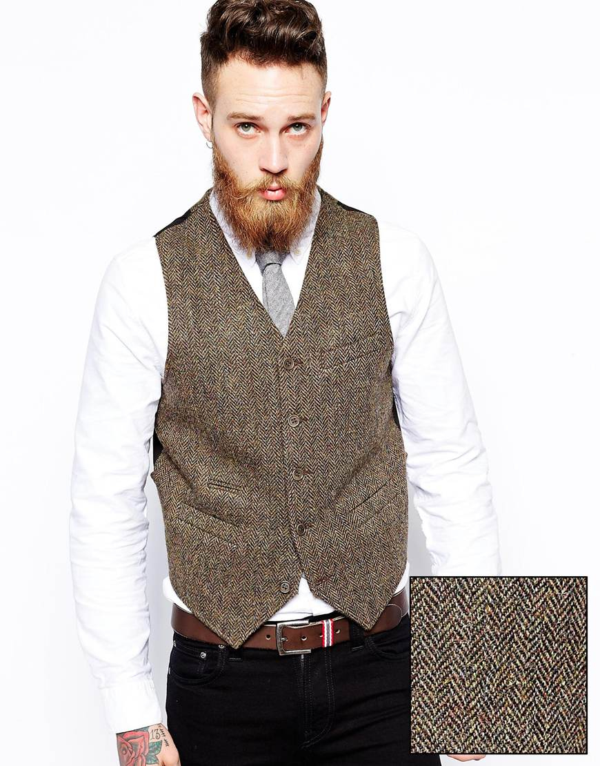 Asos Slim Fit Vest In Harris Tweed in Khaki for Men | Lyst