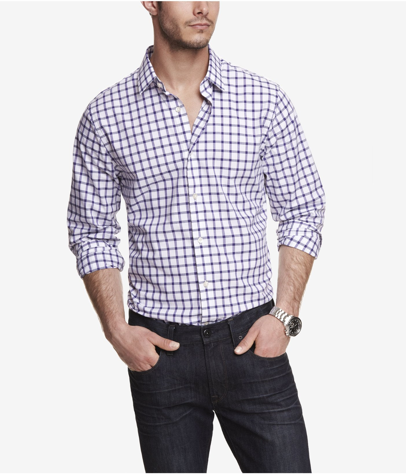 Express Extra Slim Plaid Dress Shirt in Purple for Men | Lyst