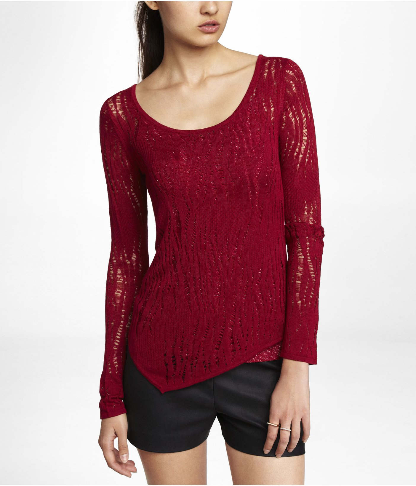 Express Lace Stitch Asymmetrical Hem Tunic Sweater in Red (RED LACQUER