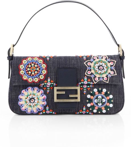 Fendi Beaded Denim Baguette Shoulder Bag in Blue (BLUE MULTI) | Lyst