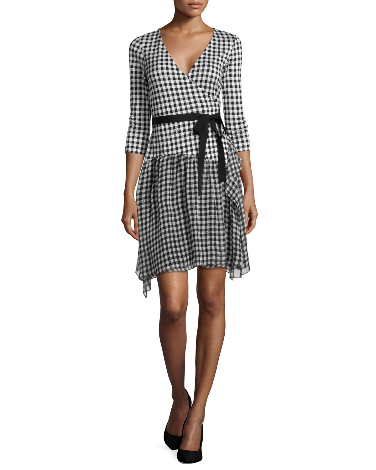 black and white gingham wrap dress