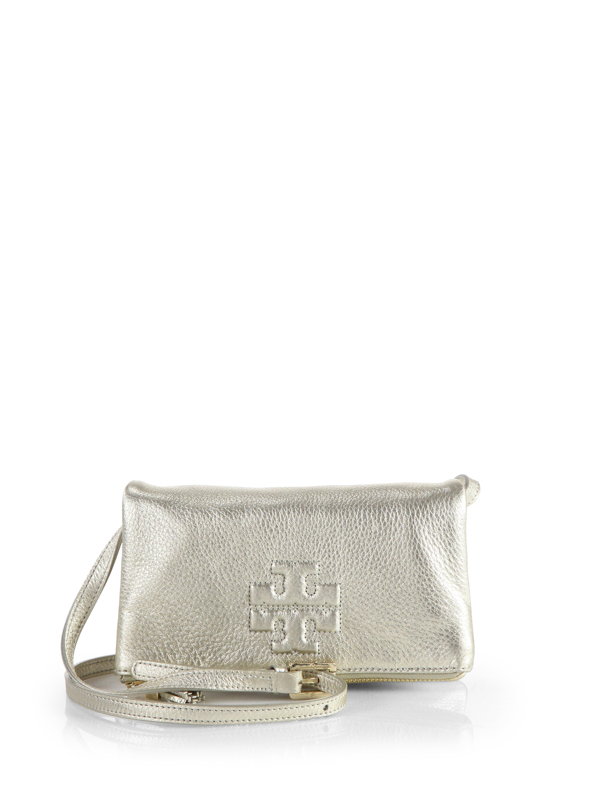 Tory Burch Foldover Metallic Leather Crossbody Bag in Silver (LIGHT GOLD) | Lyst