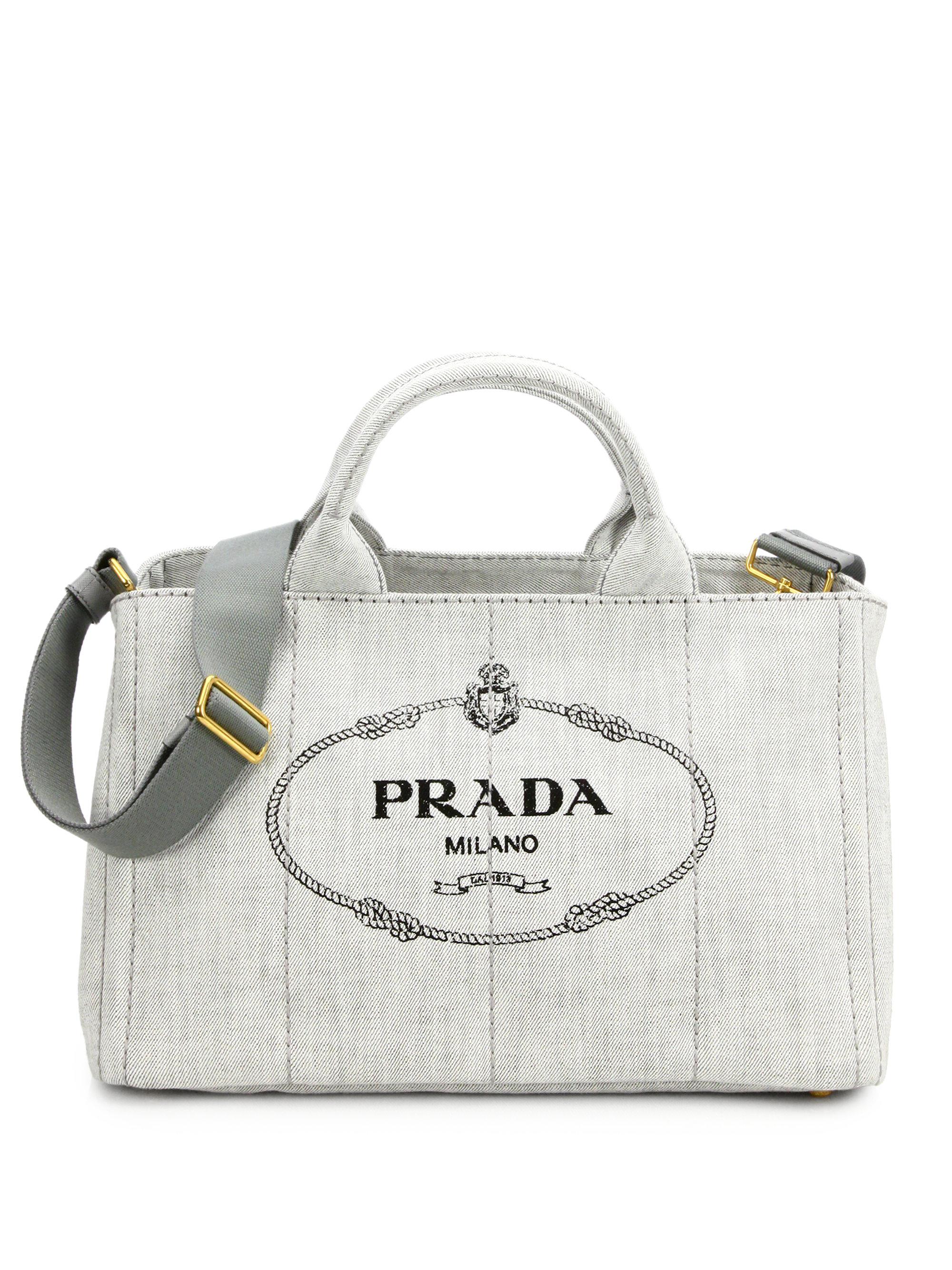 Prada Logo-Printed Medium Denim Tote in White | Lyst