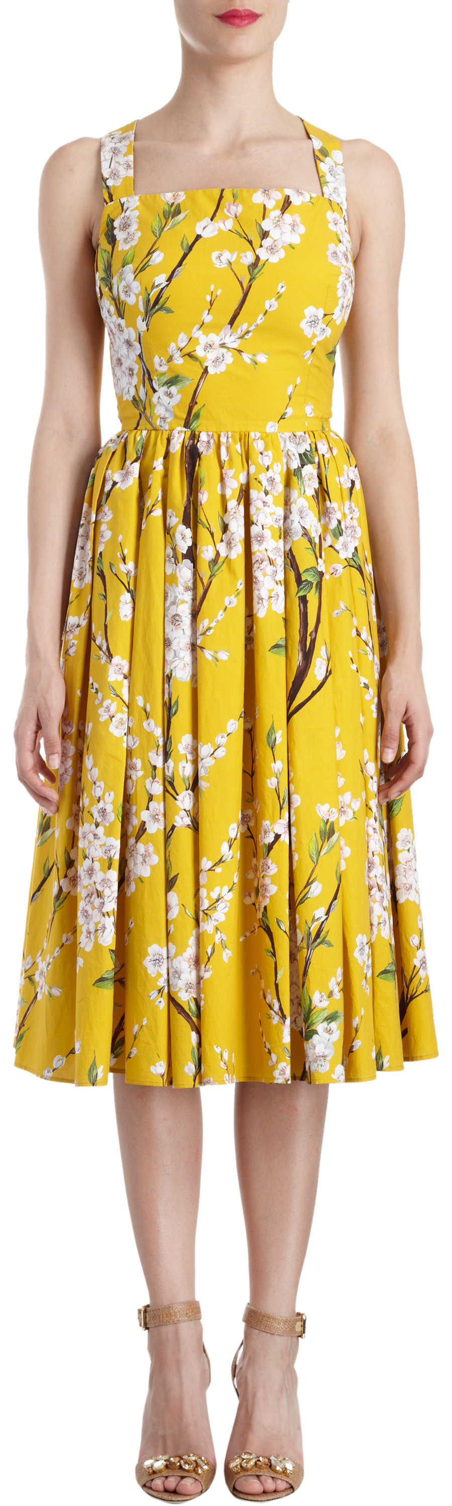Dolce And Gabbana Cherry Blossom Print Strap Shoulder Dress In Yellow Lyst