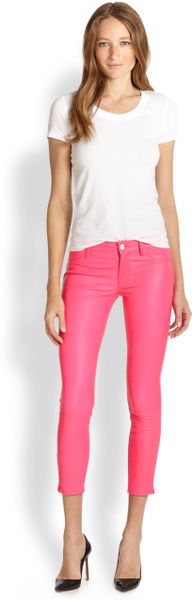 J Brand Leather Cropped Skinny Jeans In Pink Signal Pink Lyst