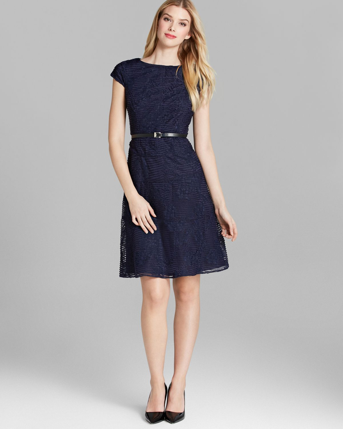 Anne Klein Dress Cap Sleeve Texture Knit Belted Swing in Blue (New ...