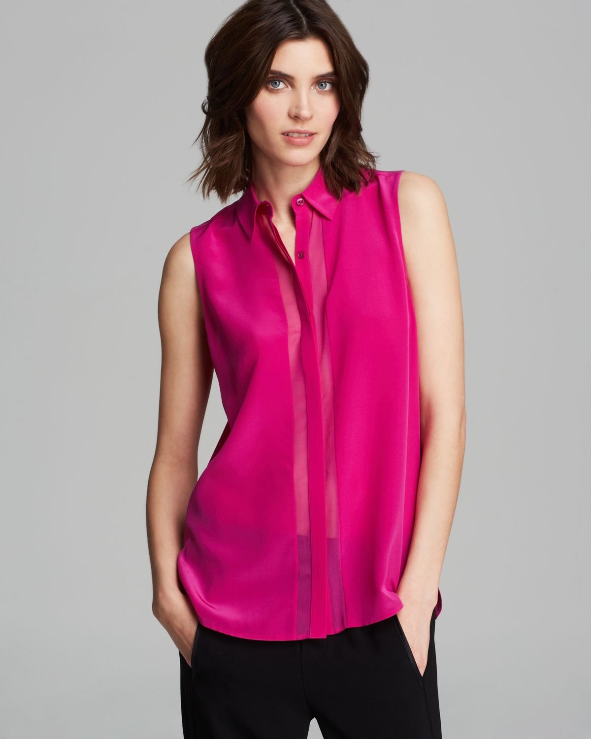 Vince Blouse Silk Button Up In Pink Acai Lyst 0595