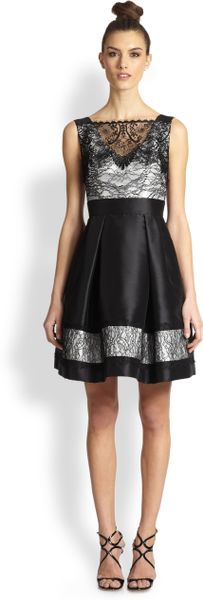 Theia Lace Overlay Taffeta Party Dress In Black Black White Lyst 8245