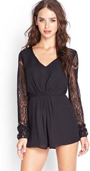 Forever 21 Floral Lace Pleated Romper in Black