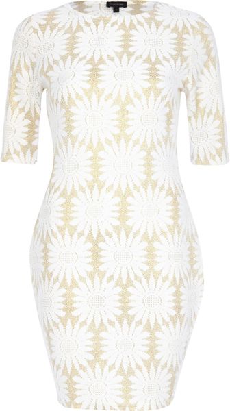 River Island Gold Floral Bodycon Dress in White (gold)