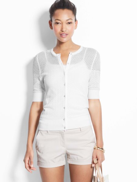 Ann Taylor Textured Short Sleeve Ann Cardigan in White | Lyst