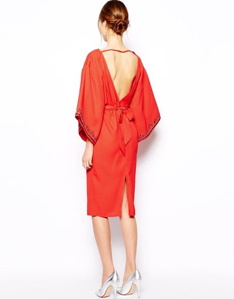 Asos Kimono Dress with Floral Sequin Trim in Red (Coral) | Lyst