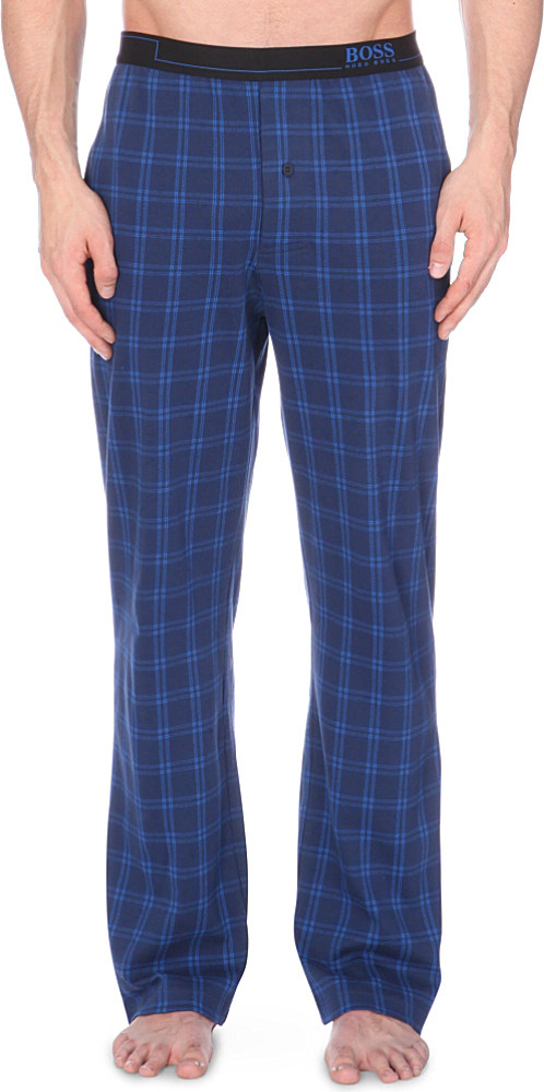 Hugo Boss Checked Cotton Jersey Pyjama Bottoms in Blue for Men