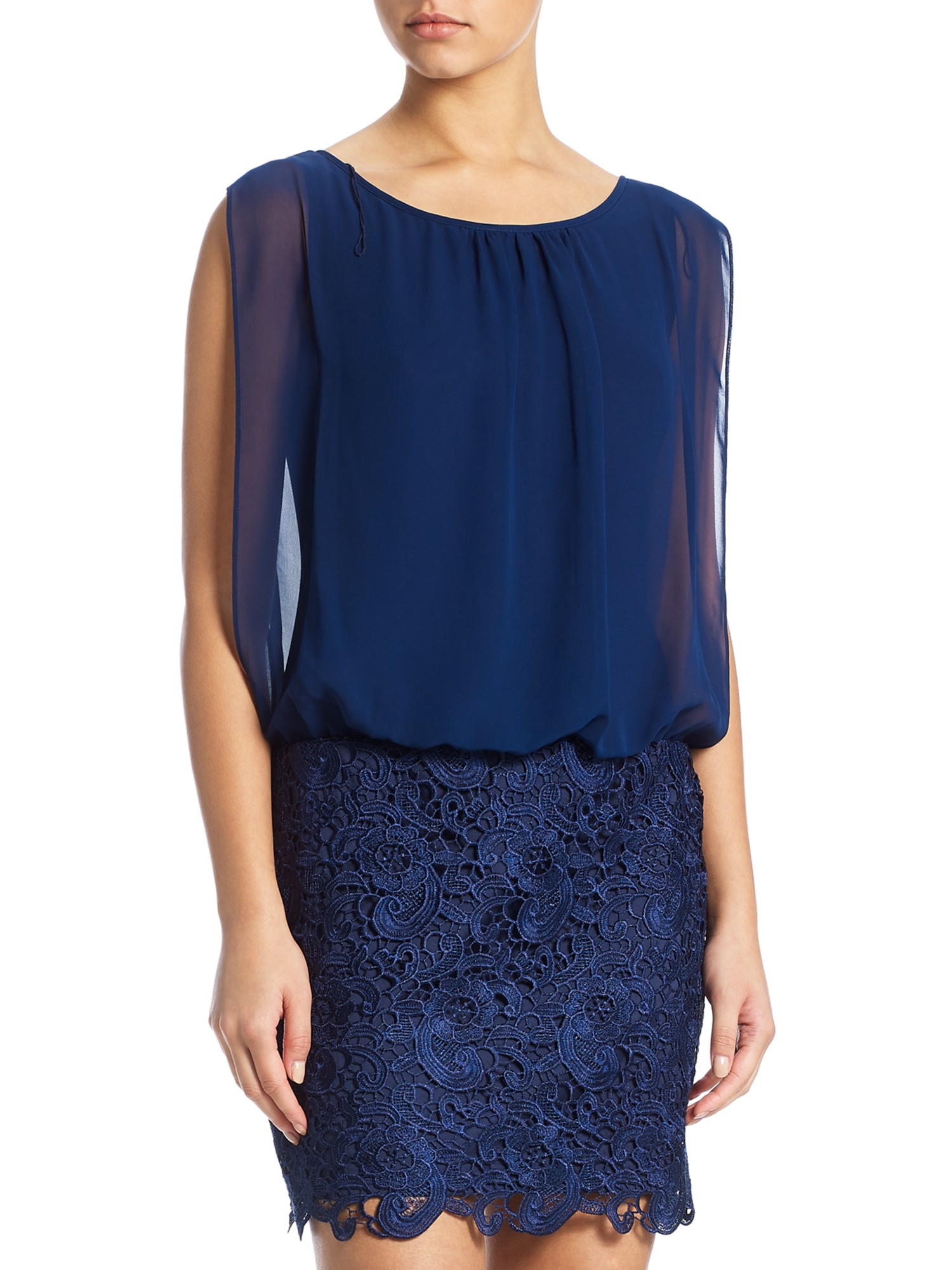 Aidan Mattox Chiffon Blouson Lace Cocktail Dress In Blue Navy Lyst