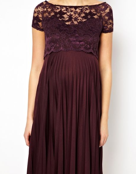 Asos Maternity Pleated Midi Dress with Lace Top in Purple (Wine)