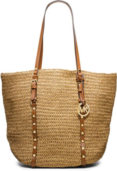 Michael Michael Kors Straw And Studded Leather Large Shopper Tote Bag in Brown | Lyst