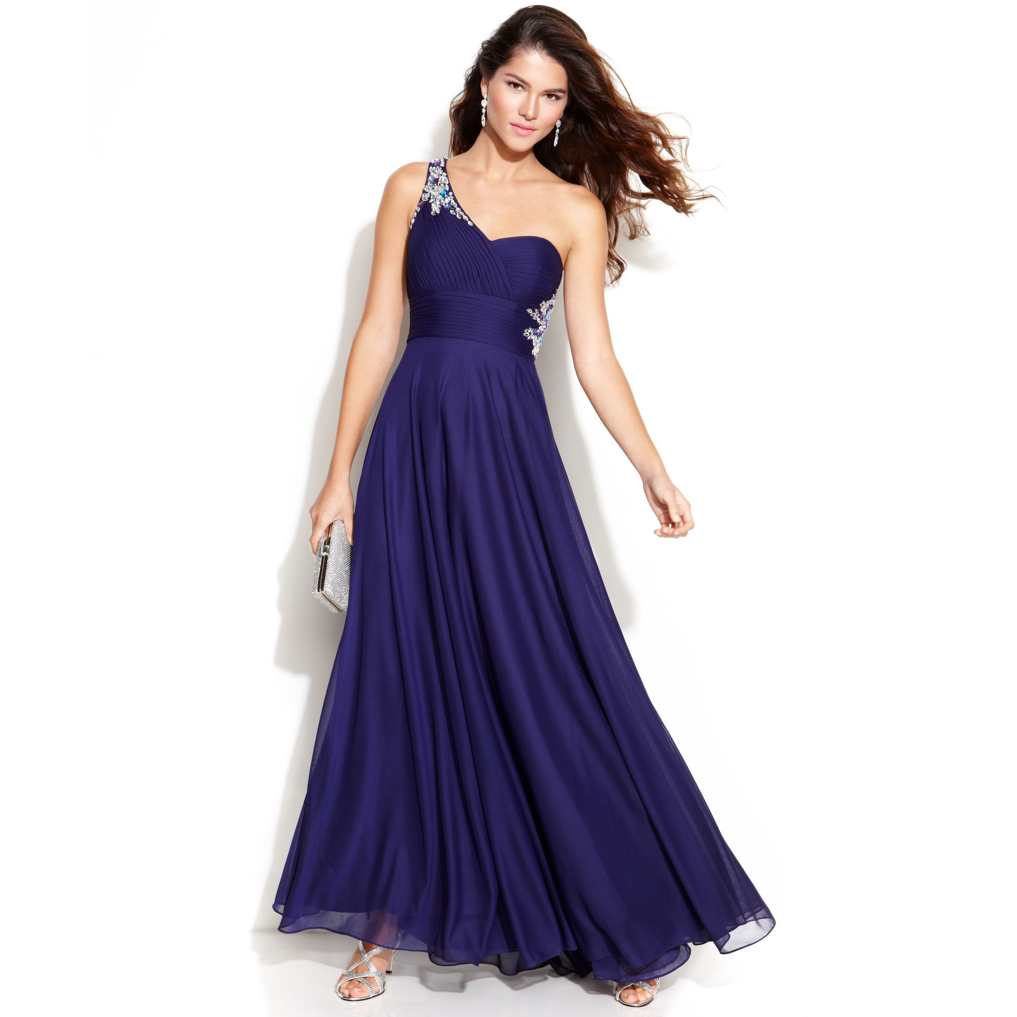 Xscape Oneshoulder Embellished Cutout Gown in Purple (Iris)