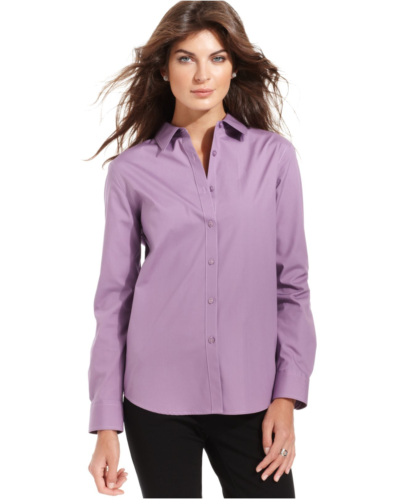 Jones New York Signature Long Sleeve Wrinkle Resistant Cotton Shirt In Purple Lavender Lyst