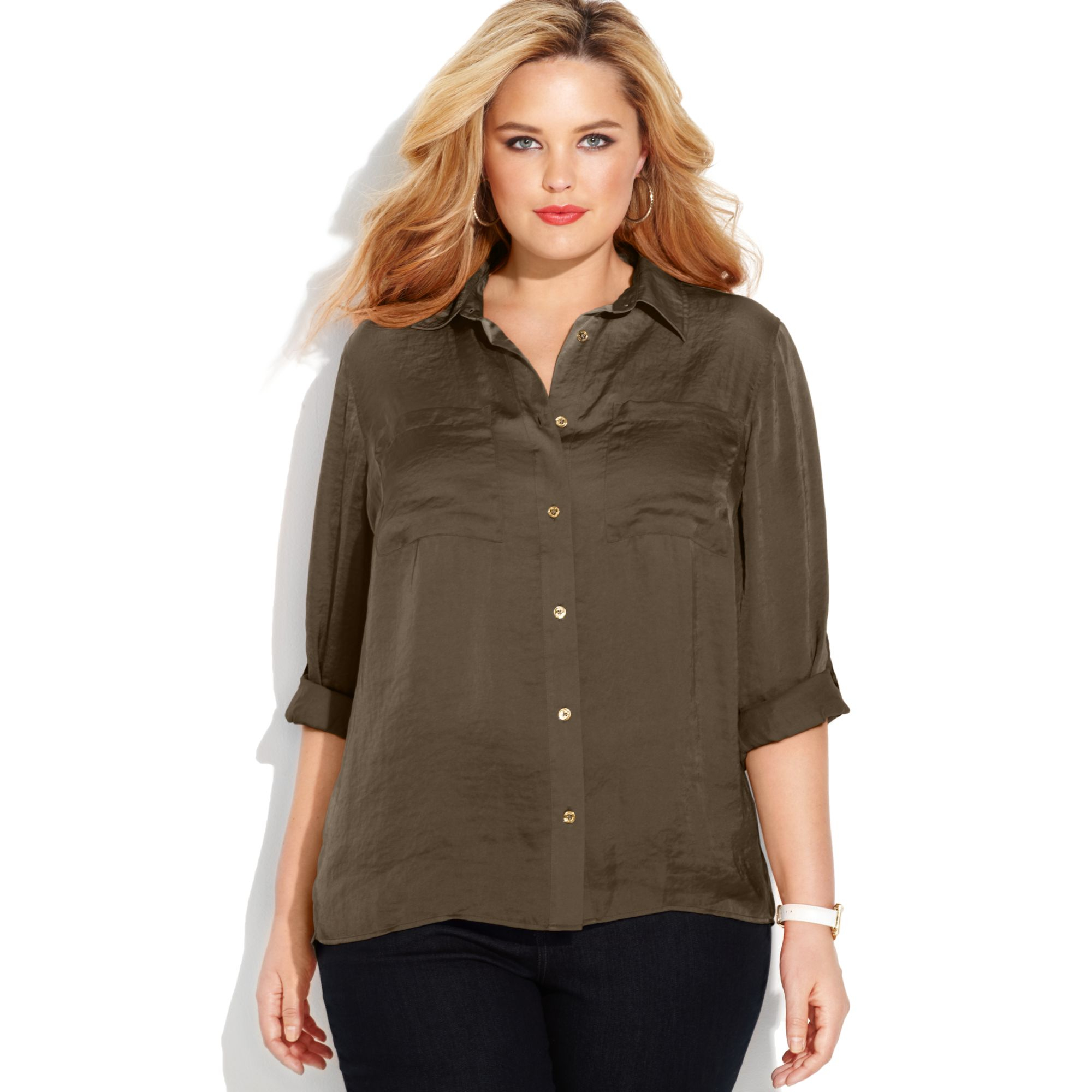 Michael Kors Michael Plus Size Tabsleeve Utility Shirt in Brown (Duffle