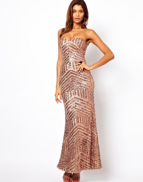 Forever Unique Bandeau Maxi Dress in Sequin in Pink (Rosegold)