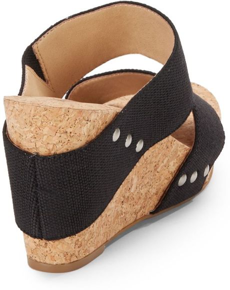 Lucky Brand Silvertone Magnolia2 Woven Strap Cork Wedge Sandals in Black | Lyst