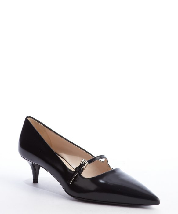 Prada Black Leather Pointed Toe Mary Jane Strap Kitten Heel Pumps In