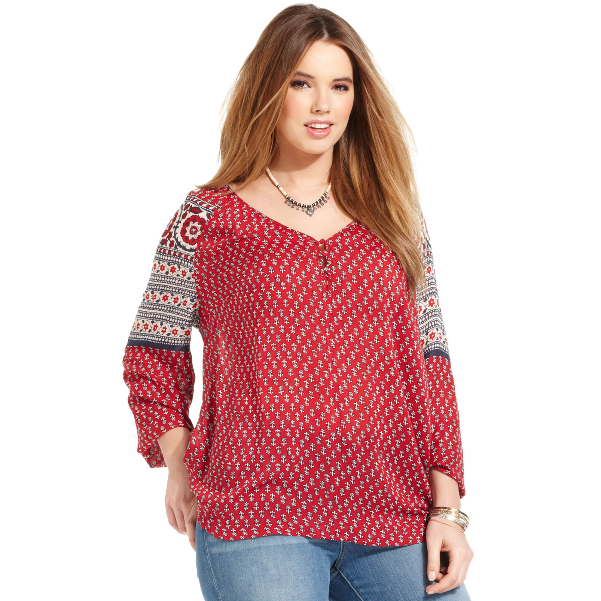 Lucky Brand Plus Size Three Quarter Sleeve Printed Top In Red Red Multi Lyst 