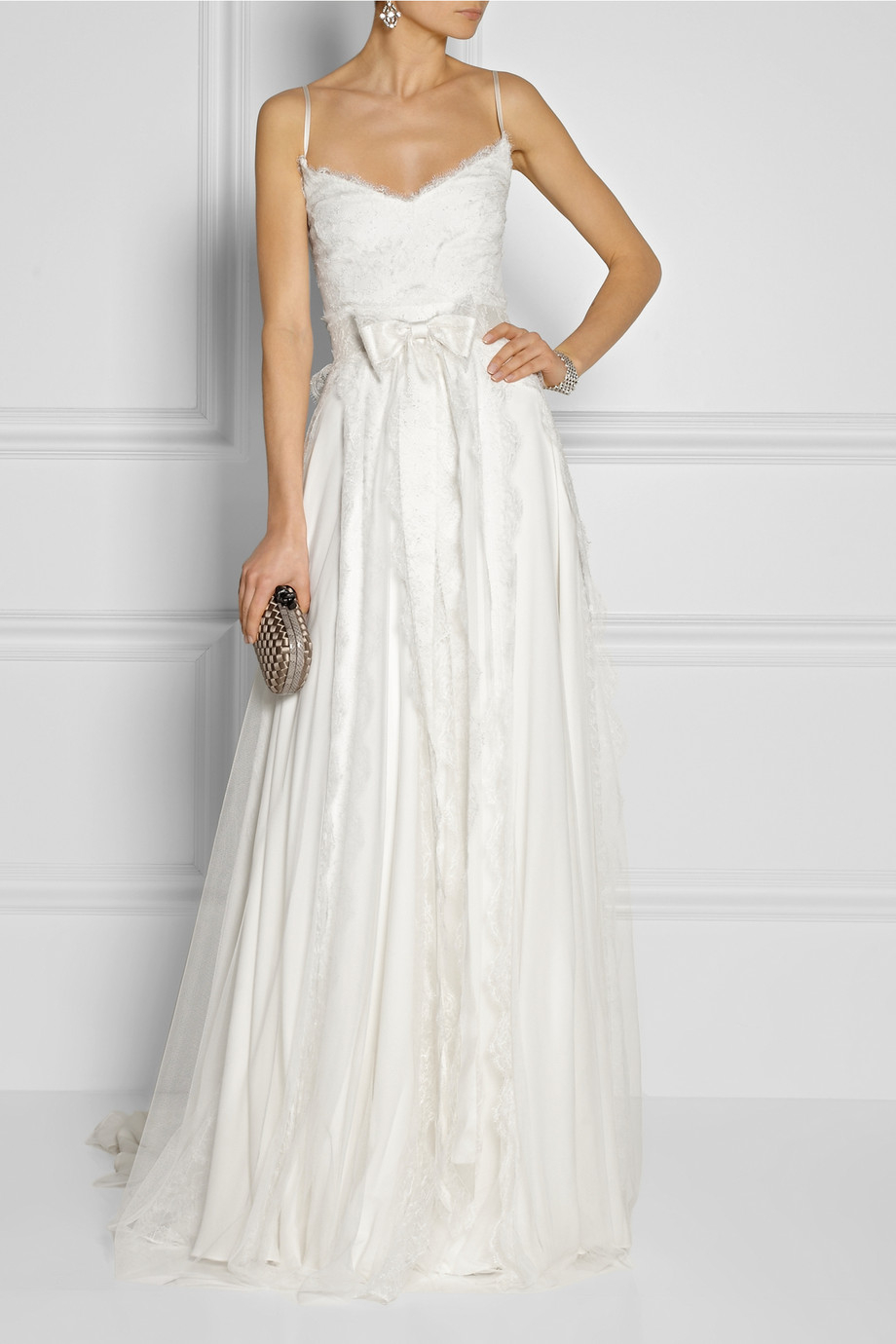 Lyst Marchesa Chantilly Lace And Satin Gown In White