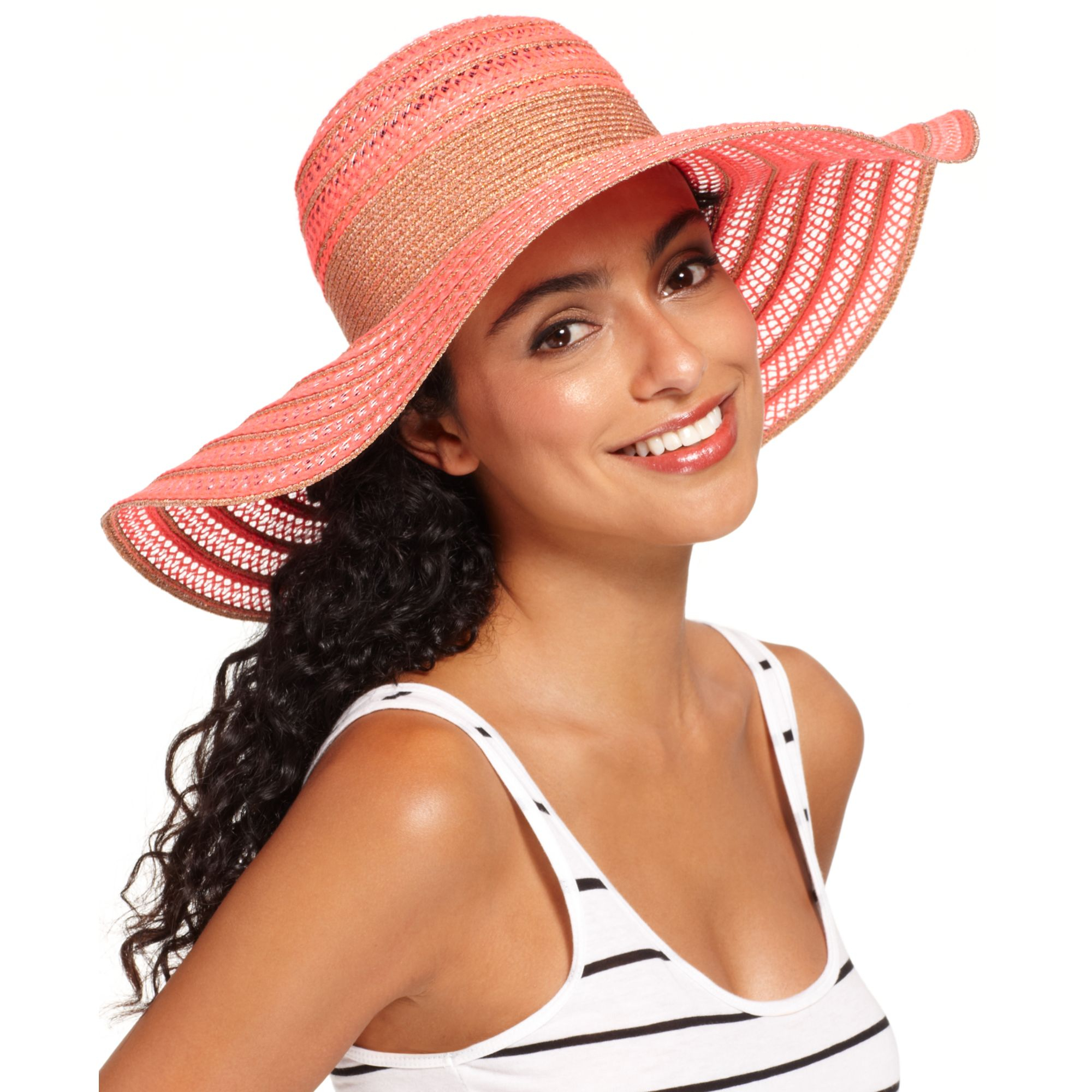 Collection Xiix Metallic Open Weave Packable Floppy Hat in Pink (Coral