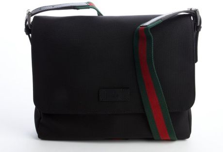 Gucci Black Canvas Signature Stripped Strap Shoulder Bag in Black | Lyst