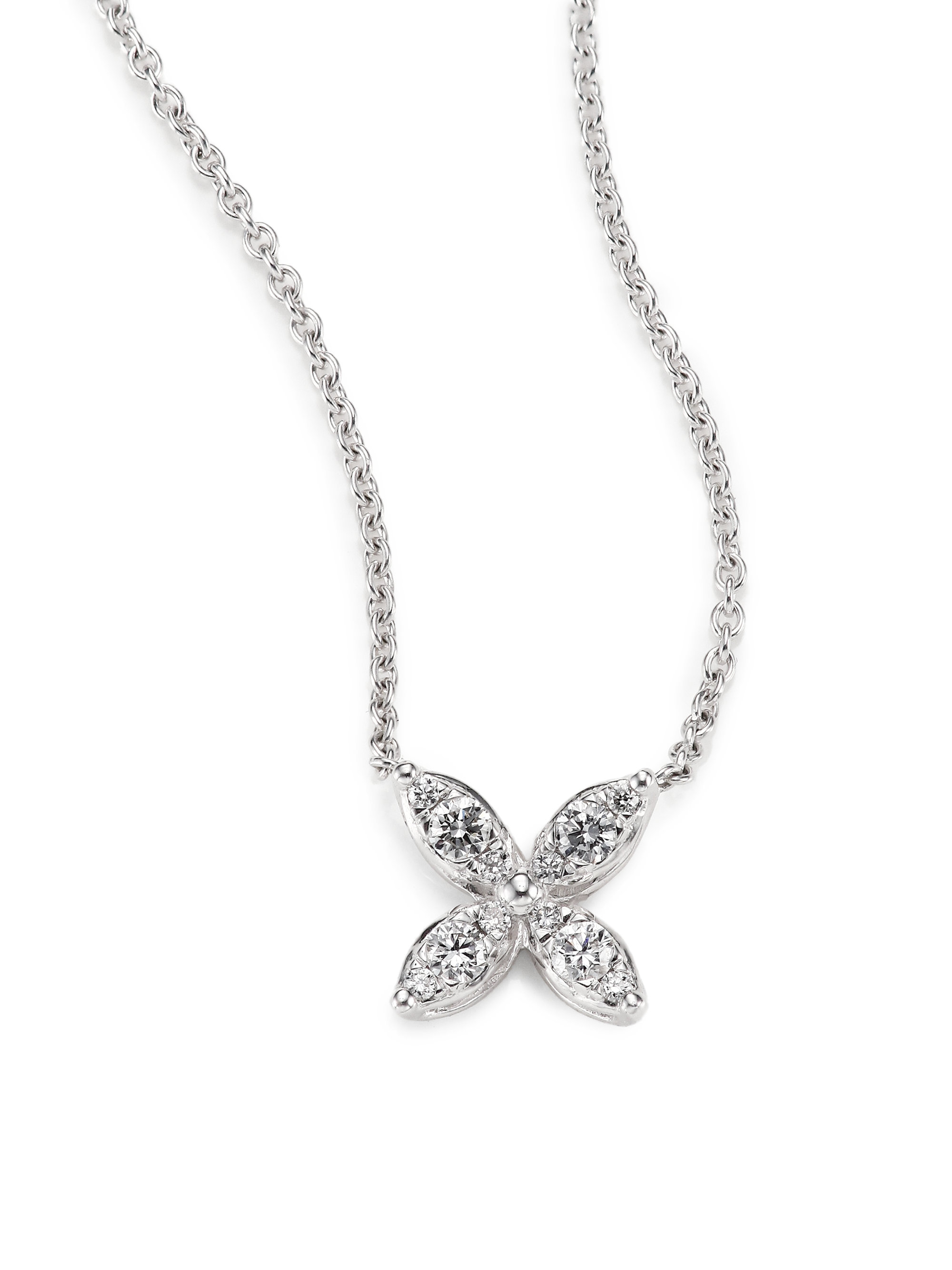 ... 18K White Gold Small Flower Pendant Necklace in White (WHITE DIAMOND