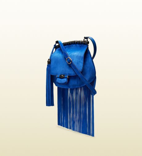 Gucci Nouveau Suede Fringed Shoulder Bag in Blue | Lyst