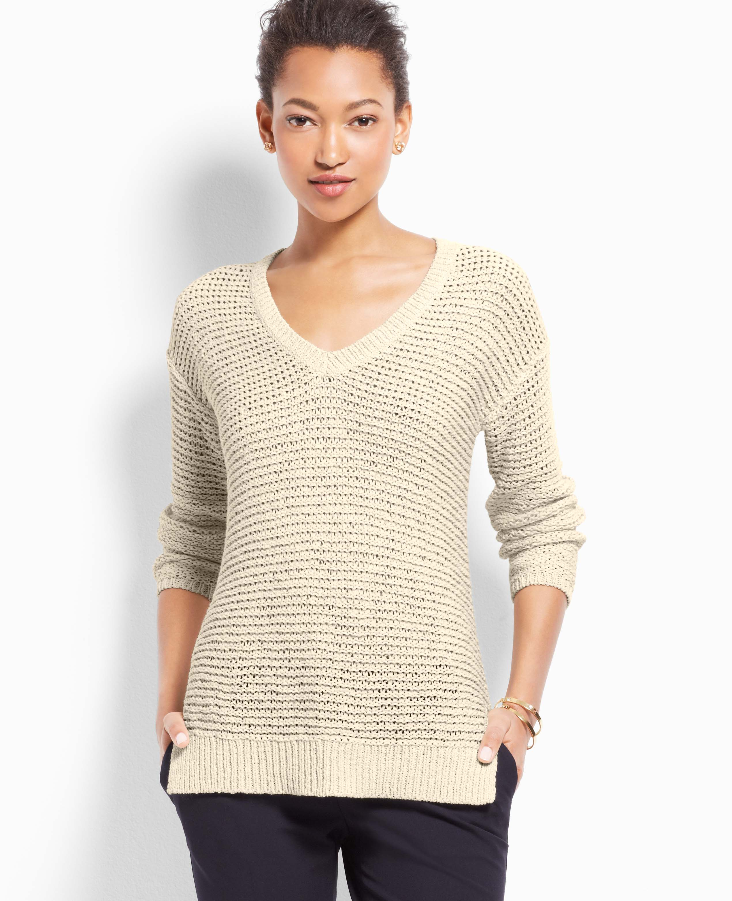 Ann Taylor Open Knit VNeck Sweater in Beige (Wet Stucco) Lyst