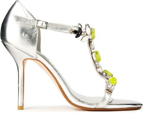 Dune Hummingbird Green Gem Silver Strappy Heeled Sandals in Silver ...