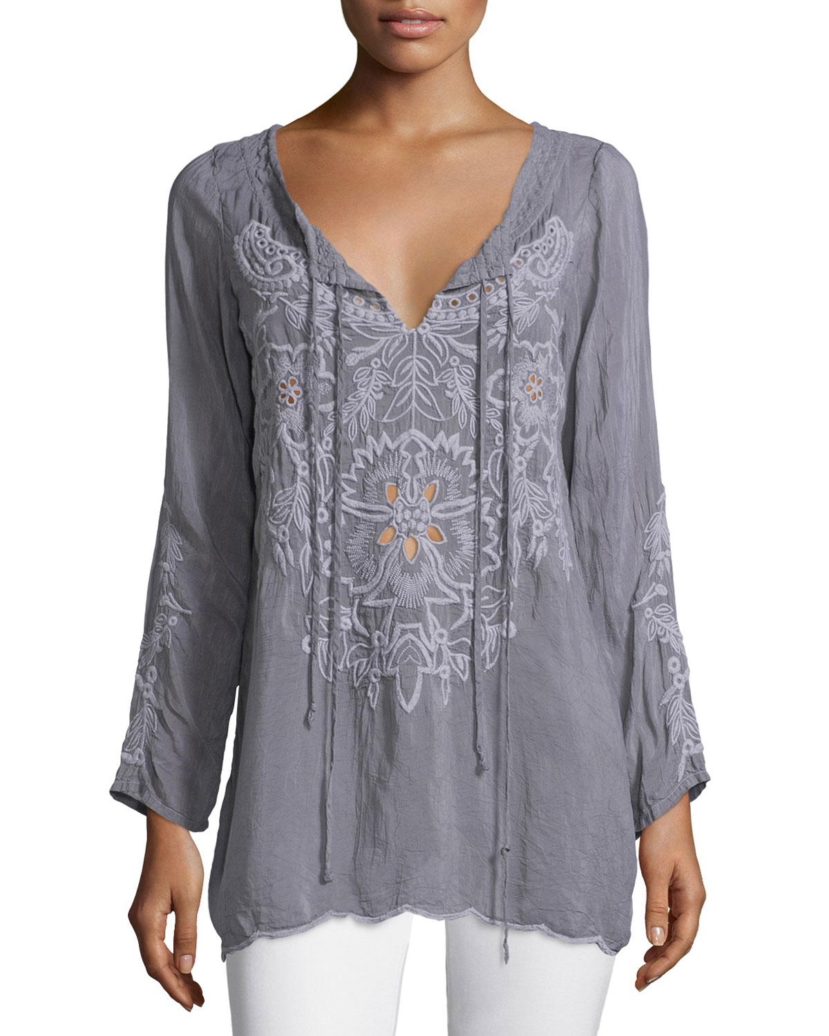 Lyst Johnny Was Vomera Embroidered Tie Neck Tunic In Blue